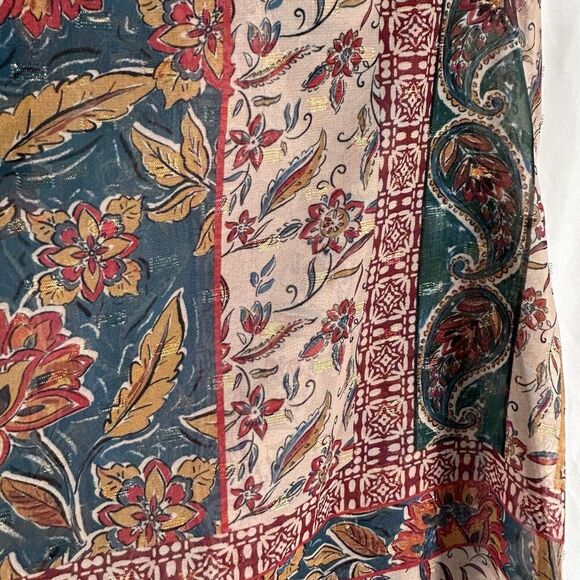 Democracy Blouse Womens Medium Brown Green Gold Metallic Sheer Vneck - Picture 10 of 10